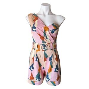 Farm Rio Pink Abstract Moon Print One Shoulder Linen Romper Belted Size Small